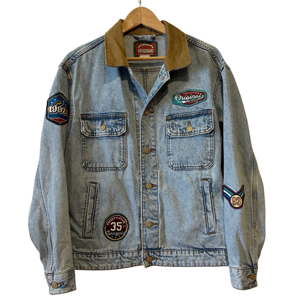 VTG‎ Springfield Denim Jacket S Light Wash Corduroy Collar Patch Trucker Jacket